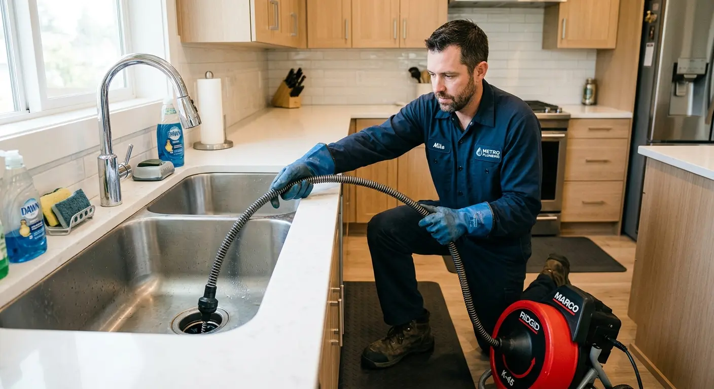 Drain cleaning technician using a motorized snake on a kitchen sink in East Hempfield