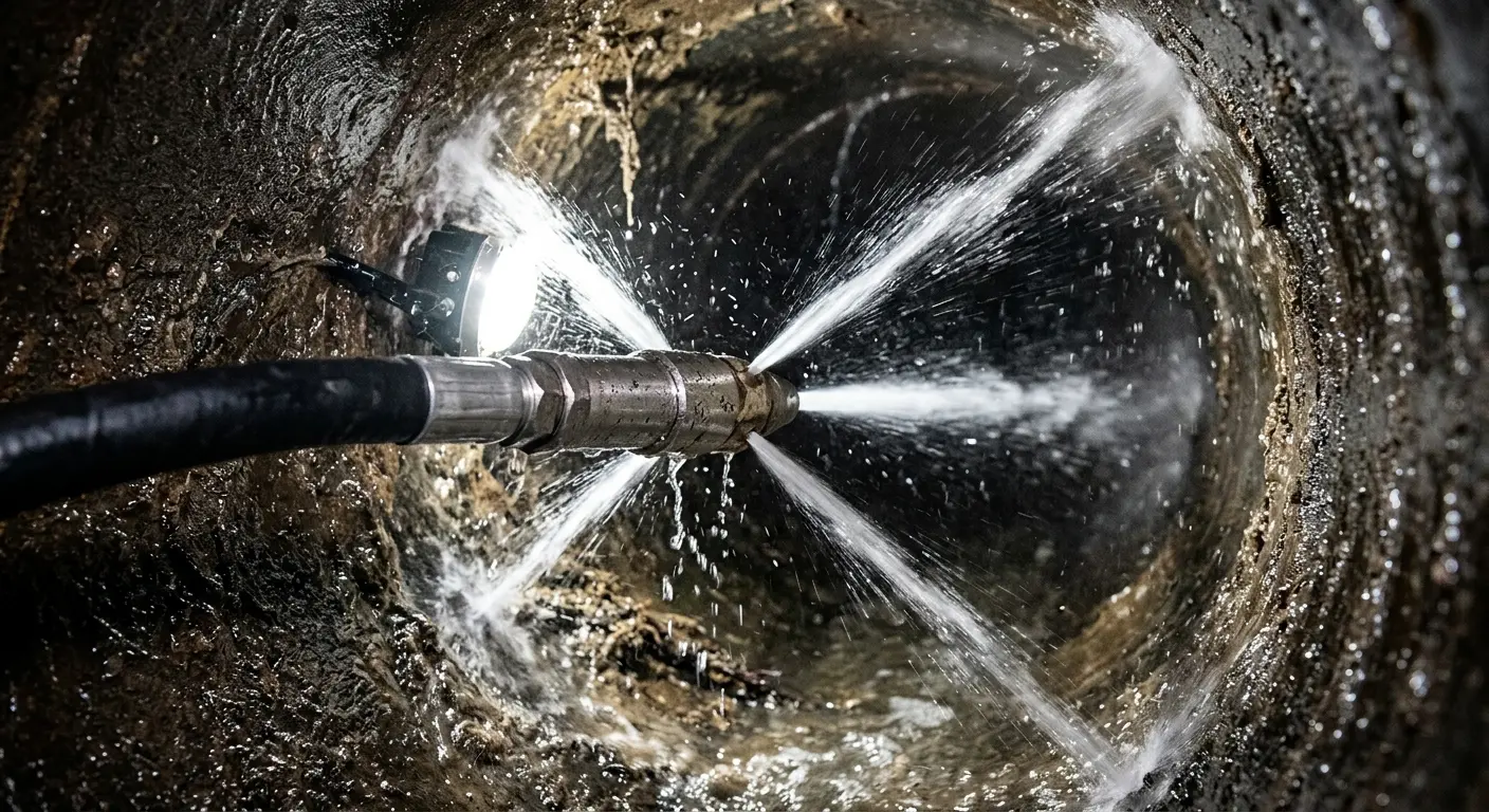 High-pressure hydro jetting nozzle cleaning sewer pipe for Trenchless Sewer Repair in East Hempfield