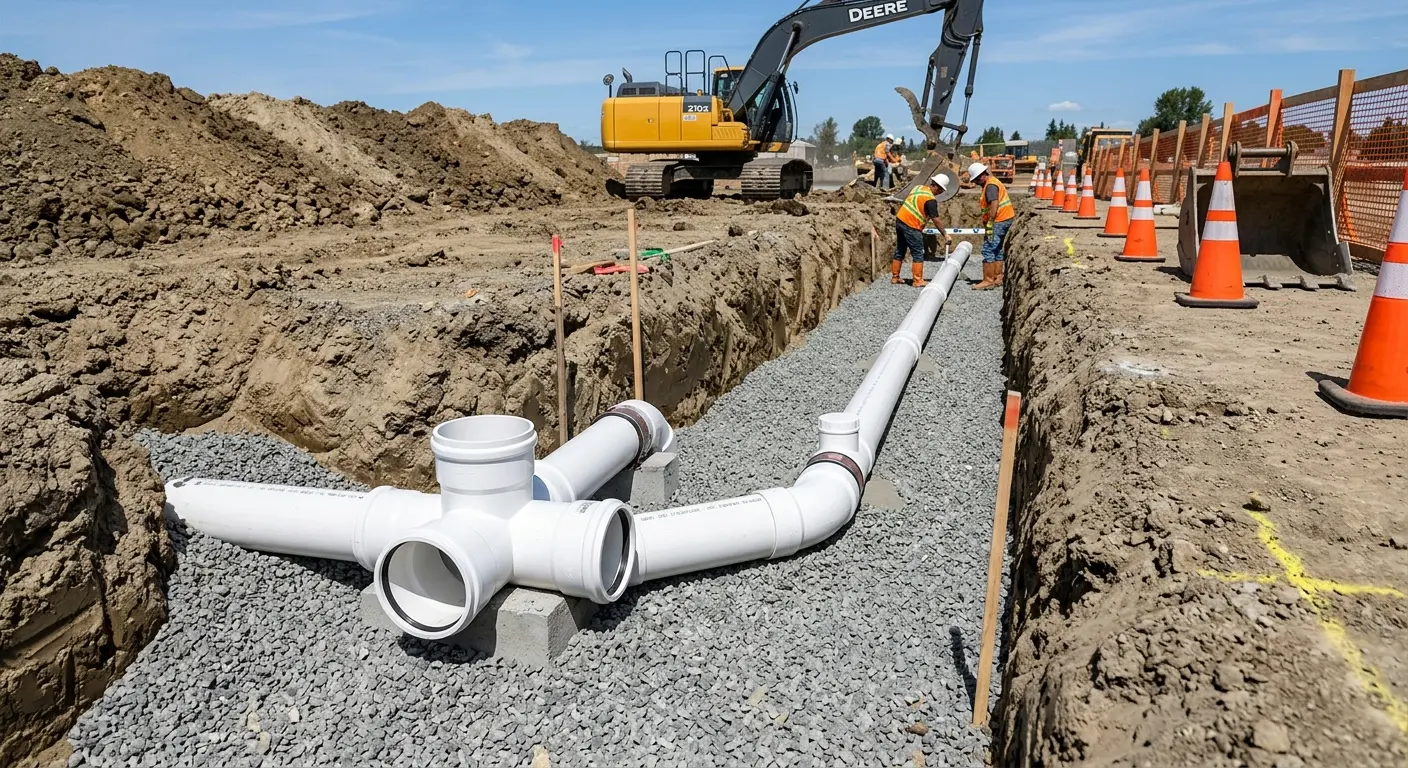 New PVC sewer pipe installation in open trench for Commercial Drain Cleaning in East Hempfield