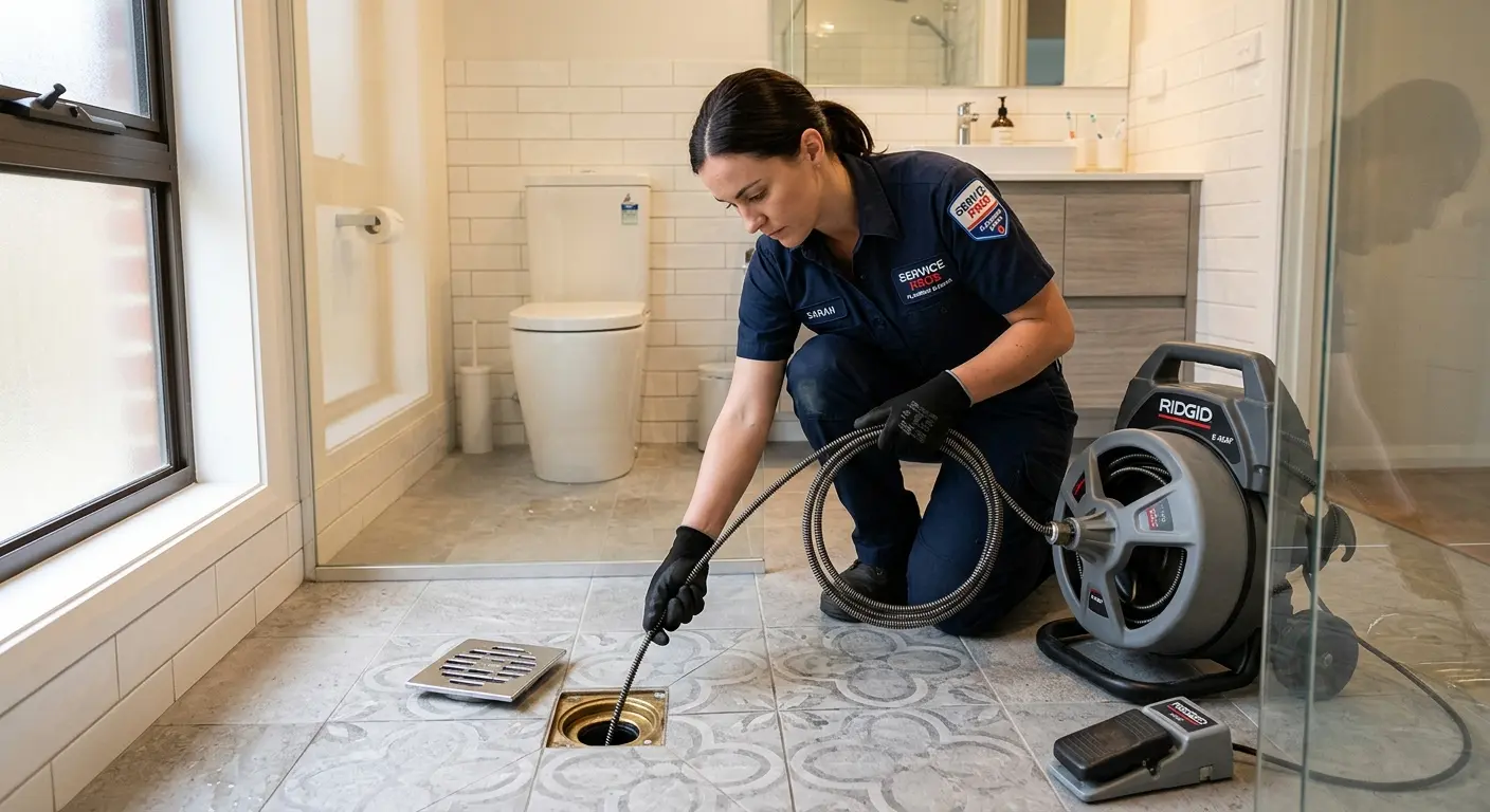 Technician clearing a bathroom floor drain for Clogged Drain Repair in East Hempfield
